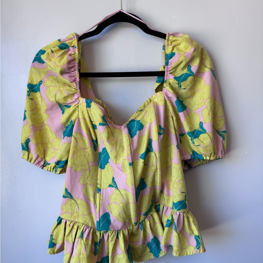 Yellow and Cream Ruffled Peplum Blouse with Puff Sleeves​